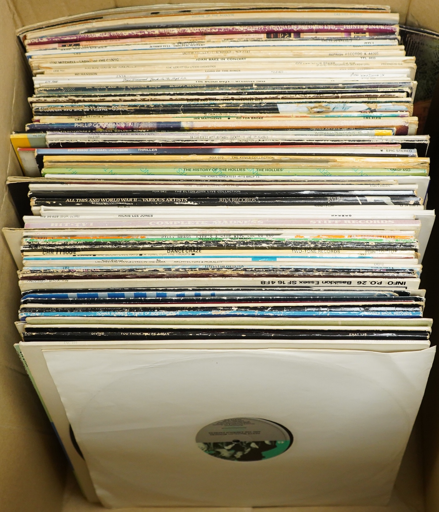 Seventy-two LP record albums and a few 12” singles, artists including; Bob Dylan, Martin Carthy, Steve Hackett, the Bonzos, Steeleye Span, Jethro Tull, Joan Baez, Enya, The Beach Boys, Dr Hook, The Monkees, the Herd, Dia